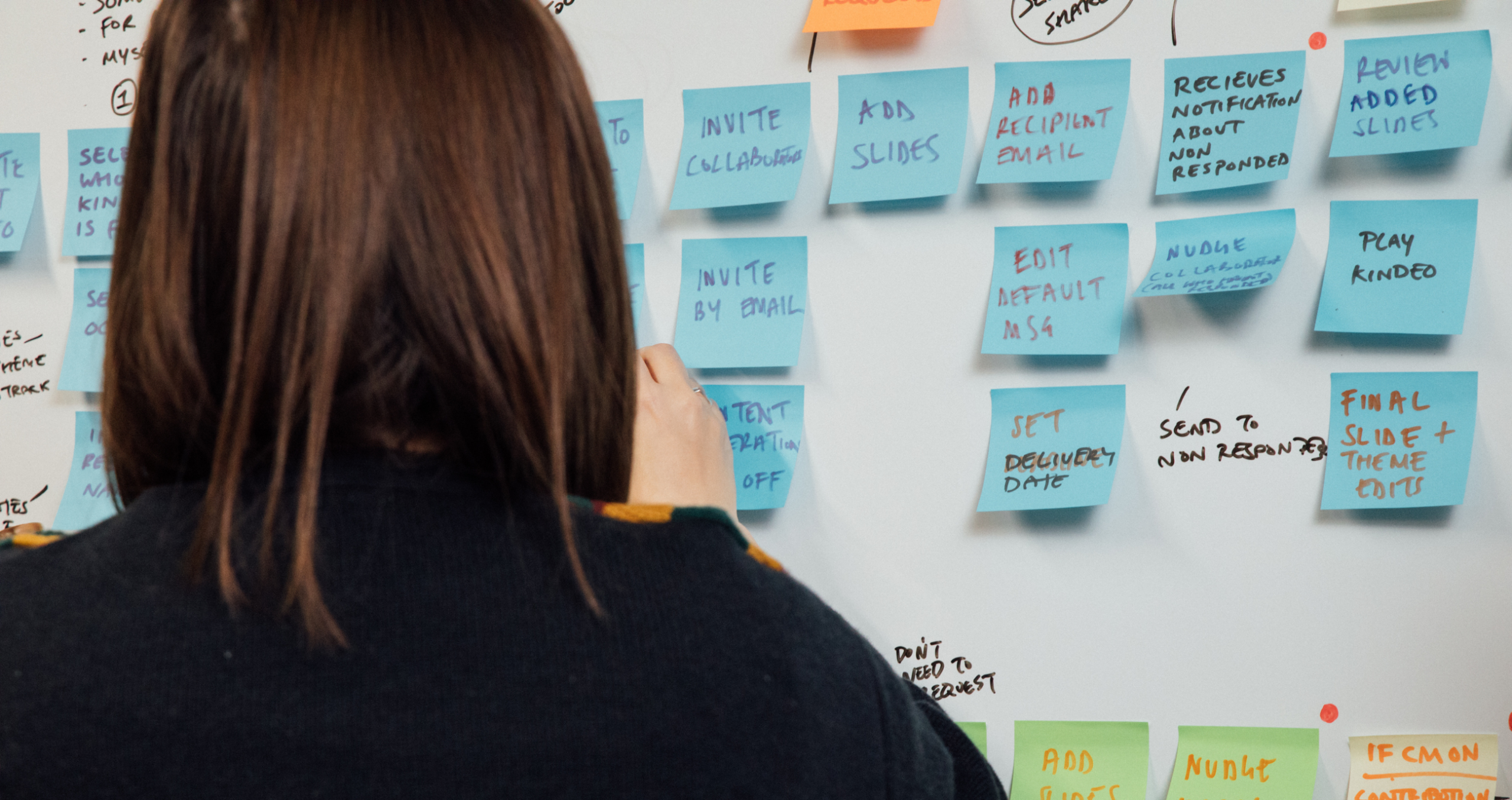 sticky notes one board with a woman turned towards the board and editing them