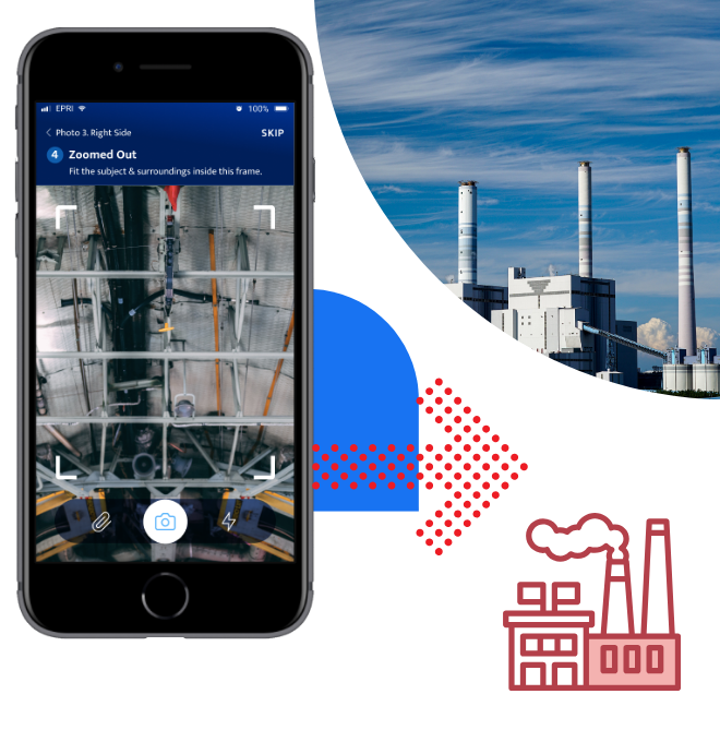 Image showing the EPRI app on a mobile with a photo of a power plant in the background. 