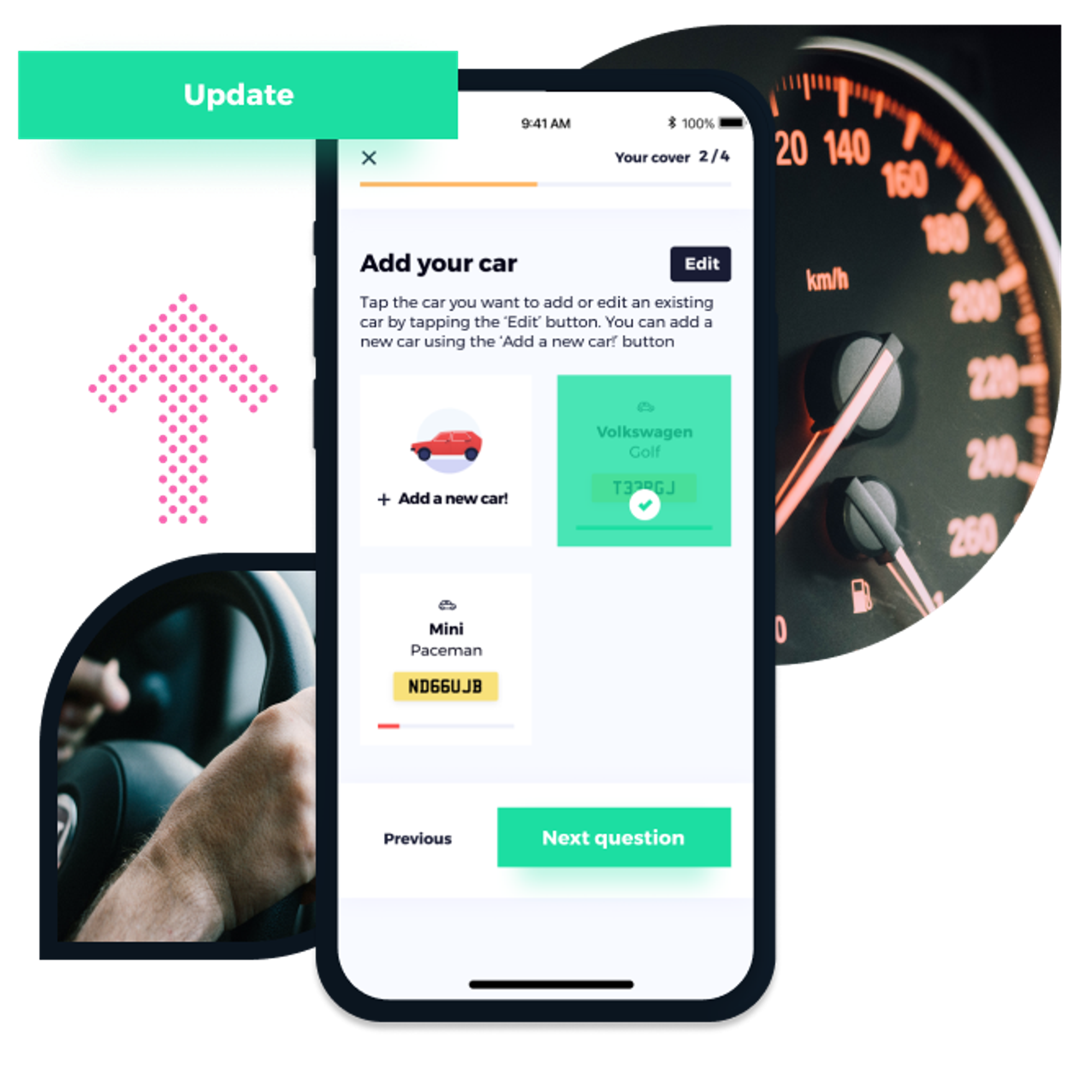 The image shows the Honcho app in use. There's an image of a steering wheel and a speedometer in a car in the background. 