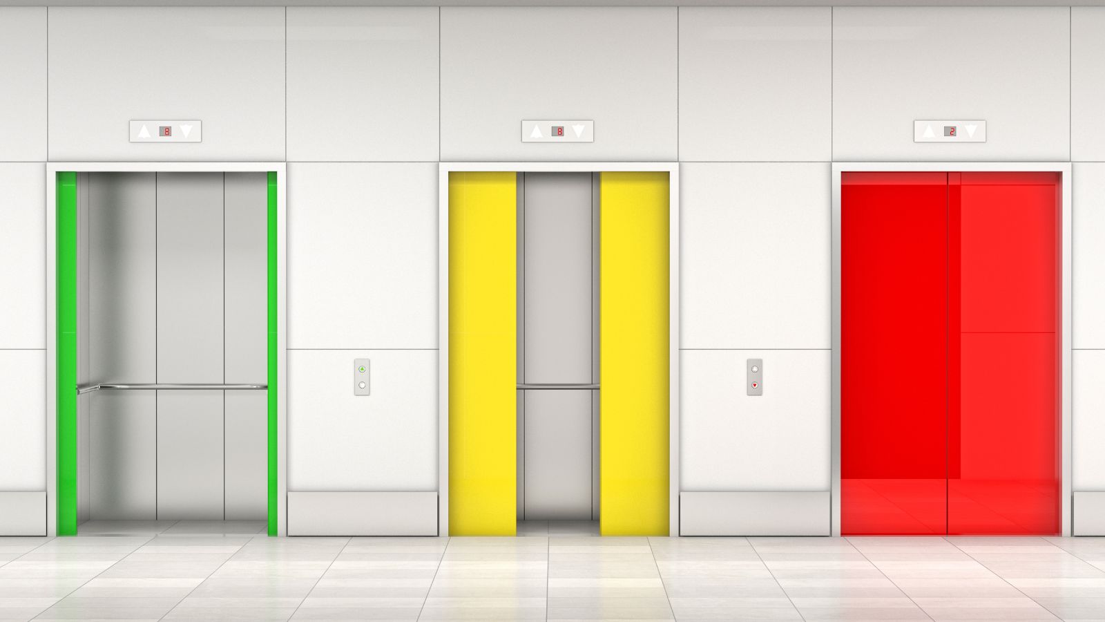A row of 3 lift doors, the one on the left is green and fully open, the middle door is yellow and partially-open, the right door is red and closed.