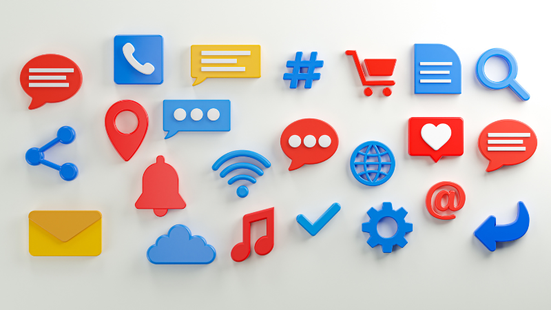 Many traditional mobile icons spread on a white background