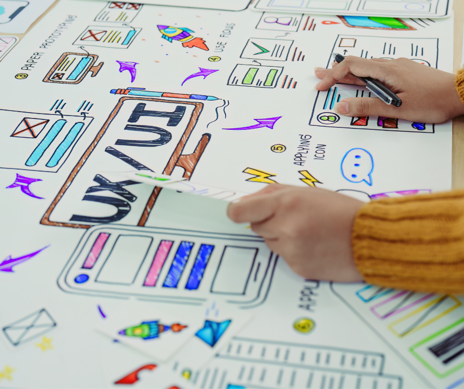 The image shows notes and sketches being made on the UX and UI of a product.