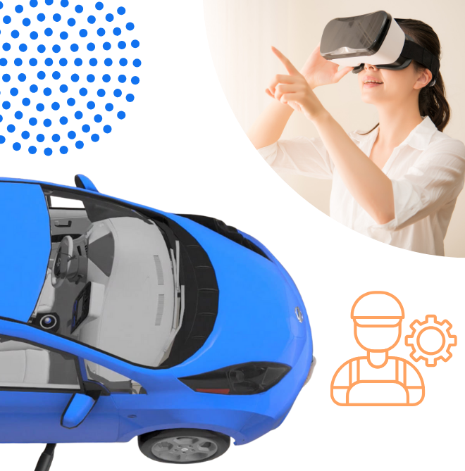 The image shows an example of the MR product, there is also an icon of a mechanic and a woman wearing a VR headset.