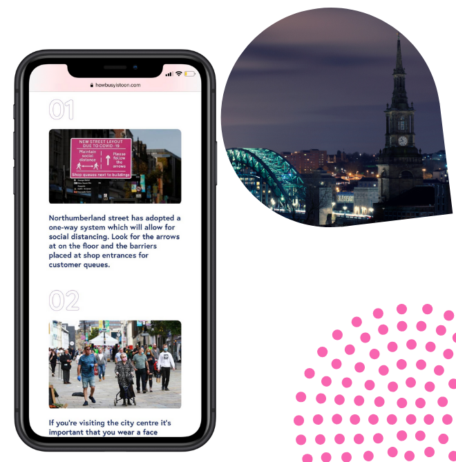 This image shows the How Busy Is Toon application on a phone with an image of Newcastle City Centre at night in the background.