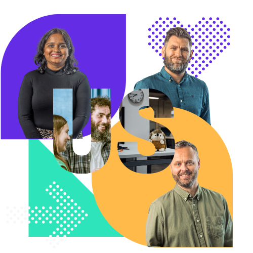 Various branded shapes with 3 headshots of hedgehog lab employees