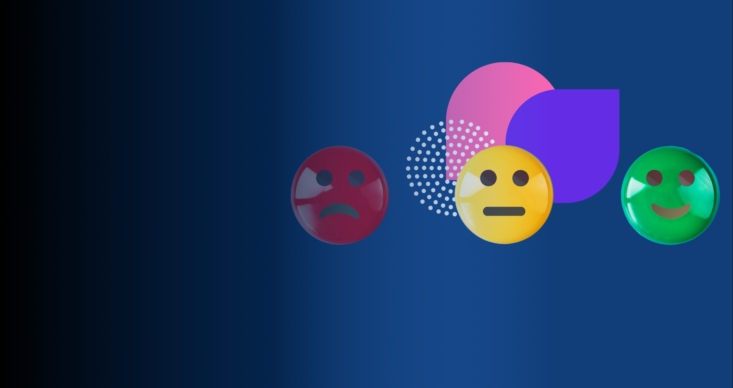 three smiley faces on a blue background with some branded shapes