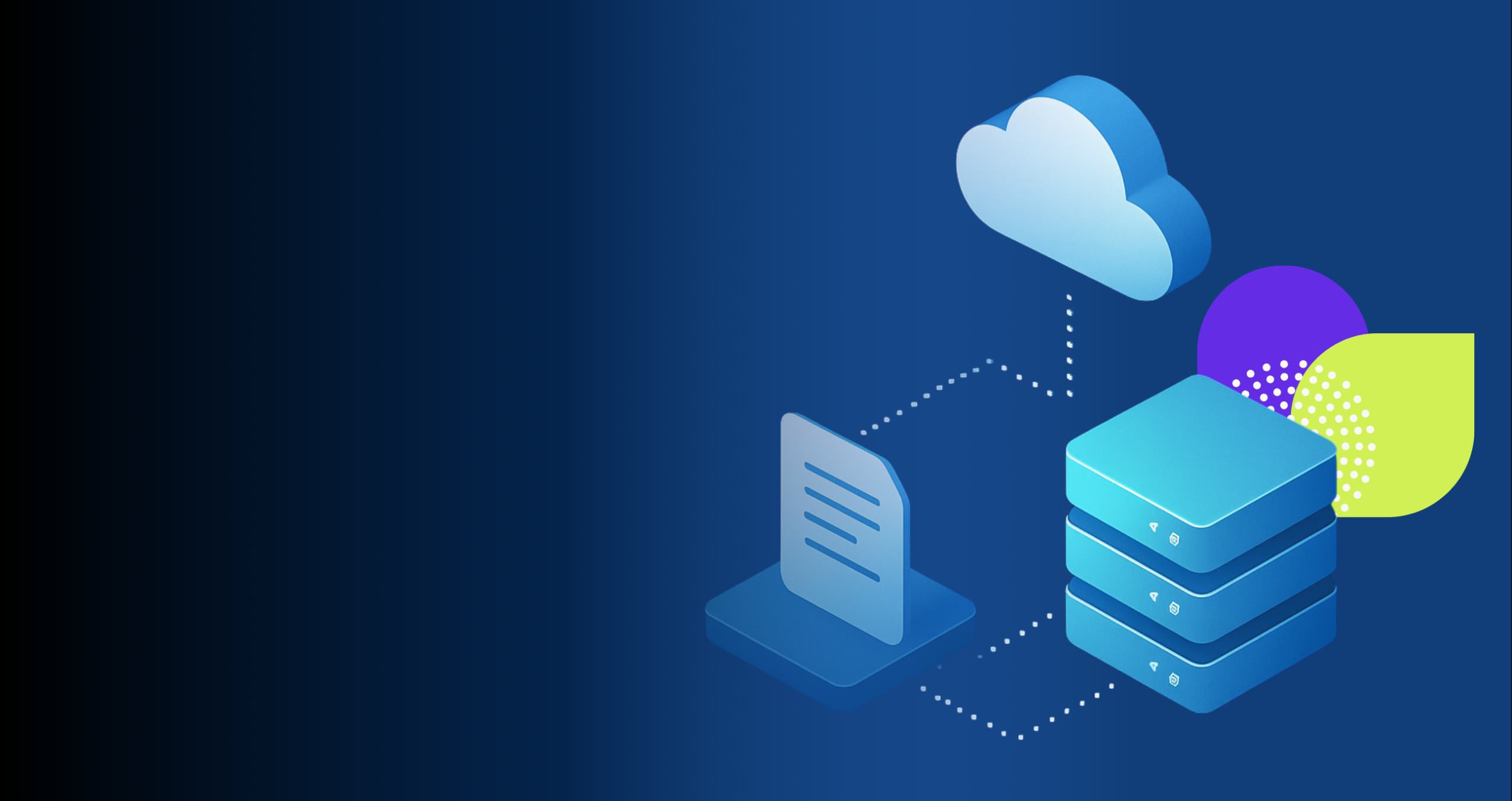Isometric illustration of serverless architecture with cloud, server stack, and document icons connected by dotted lines on a dark blue background with branded shapes.