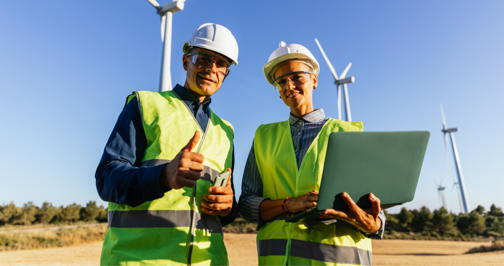 One man and one woman in manufacturing gear standing in a wind farm. The woman is holding a laptop.
