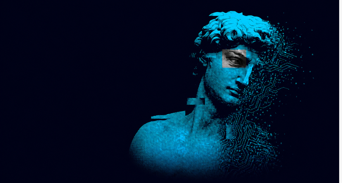 Blue statue face that looks like it's consisting of pixels